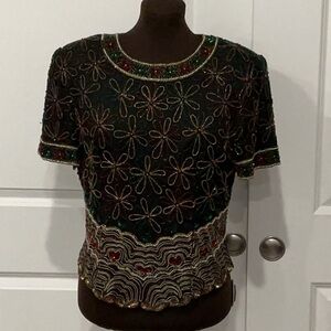 Laurence Kazar Black Silk Red Green Sequins Blouse Top Glam 90s Size Large